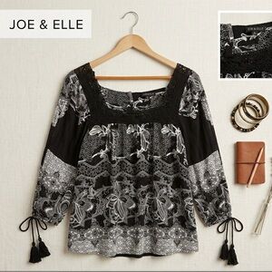 Joe & Elle Boho Paisley Crochet Lace Trim Blouse with Tassel Sleeves - Small
